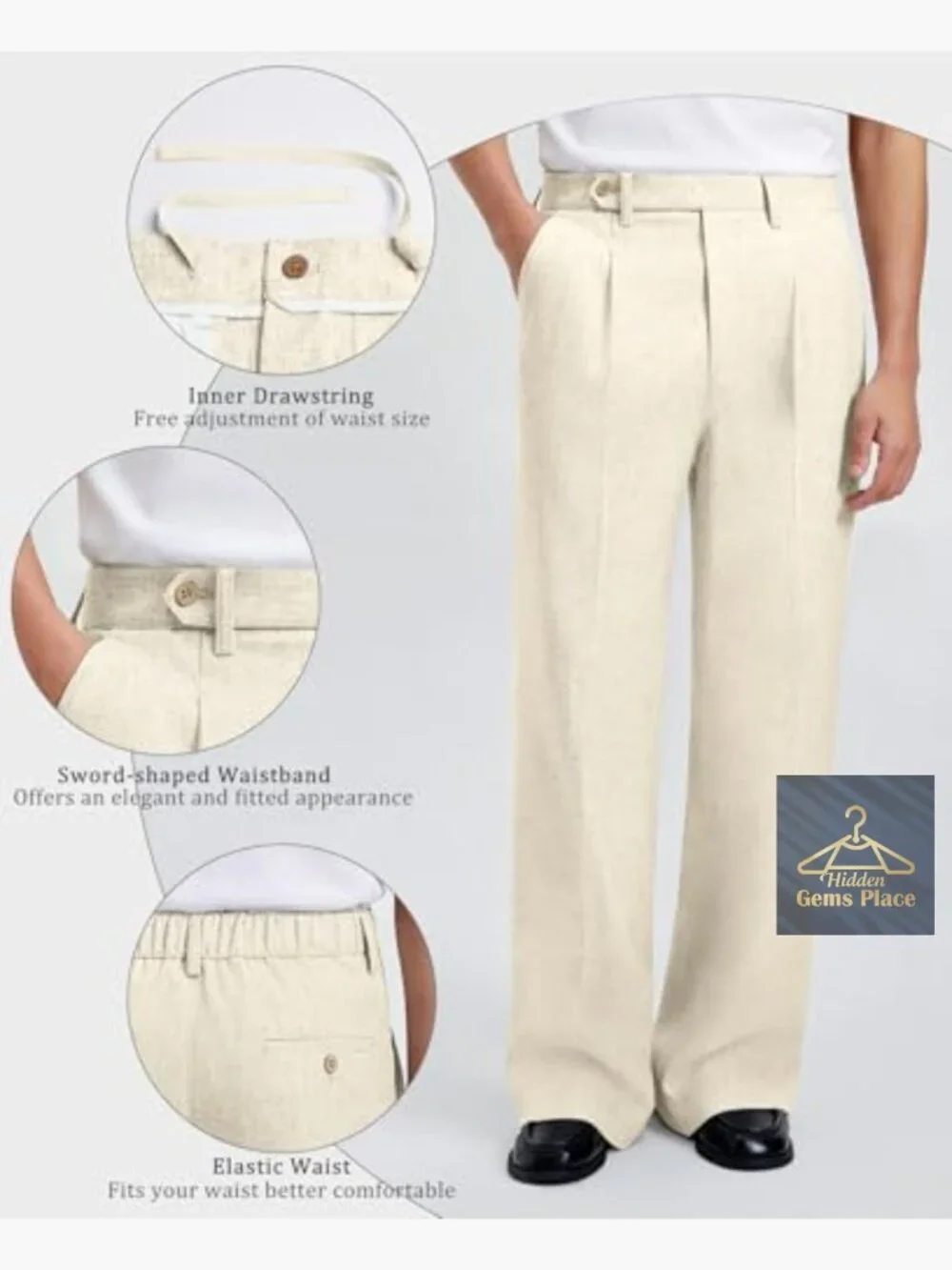 Mens Linen Pleated Wide Leg Dress Pants Baggy Relaxed Fit Trousers